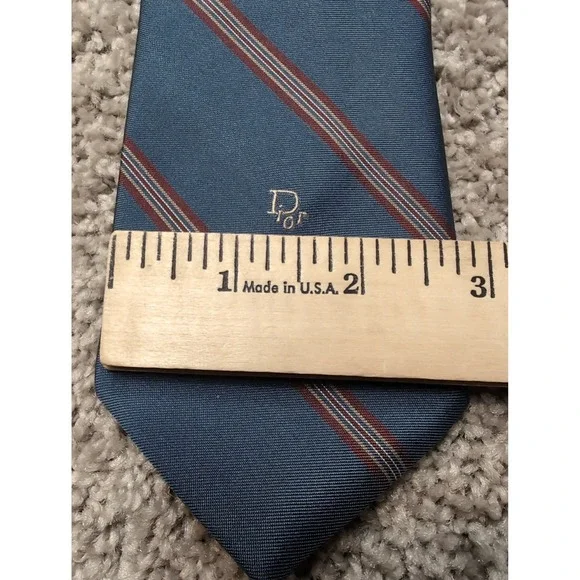Christian Dior Mens Striped Silk Blend Necktie Blue Red White Logo Made in USA - Picture 4 of 5